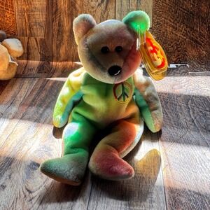 Ty Beanie Baby Peace the Bear 1996 Tie Dye Multi Color Plush w/ Tags PE Pellets